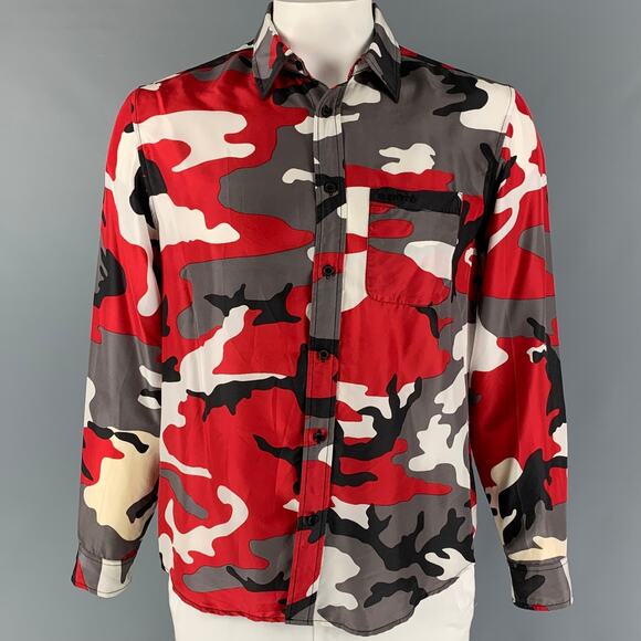 SUPREME SS19 Collection M Red Grey Camouflage Silk Button Up Long Sleeve Shirt - Picture 1 of 1